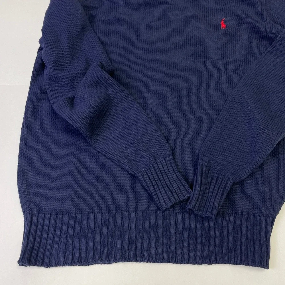 VTG Polo Ralph Lauren Mens Navy Blue Cotton Crewneck Sweater L Red Pony Logo